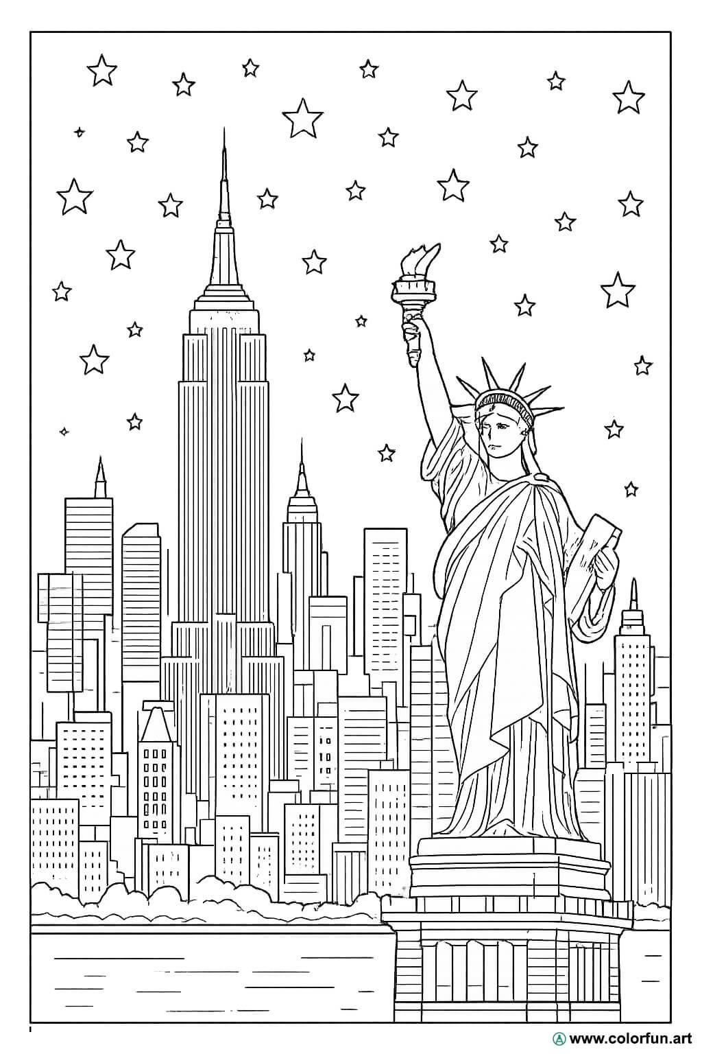 Kleurplaat van de skyline van New York 's nachts Gratis te downloaden of af  te drukken, image size:1024x1536