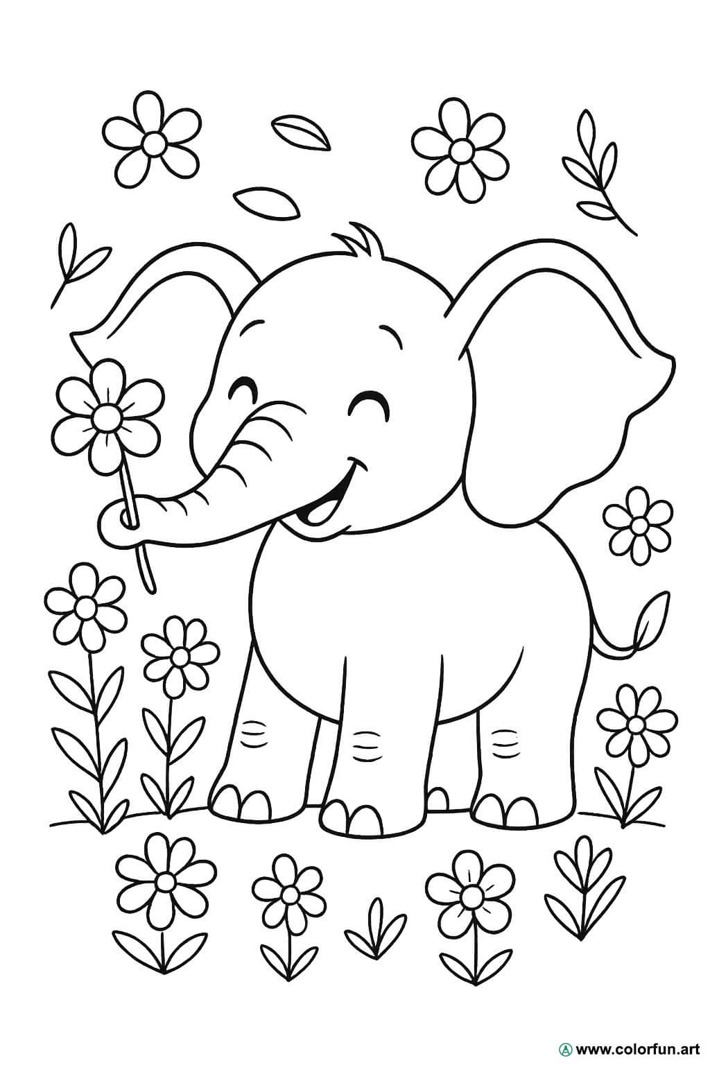 Kleurplaat van een olifant met bloemen Gratis te downloaden of af te drukken, image size:1024x1536