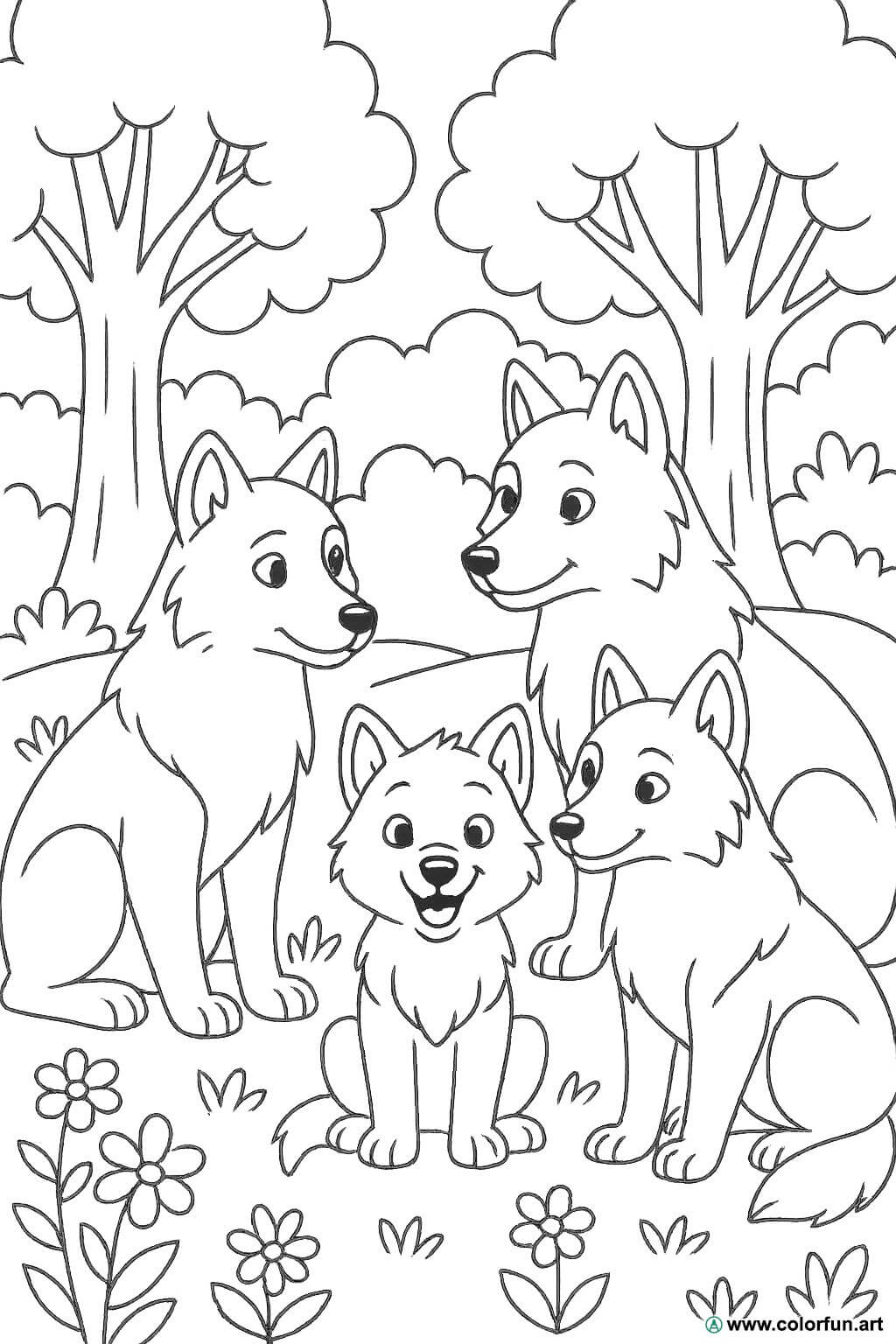 Kleurplaat van de welp en zijn familie Gratis te downloaden of af te drukken, image size:1024x1536