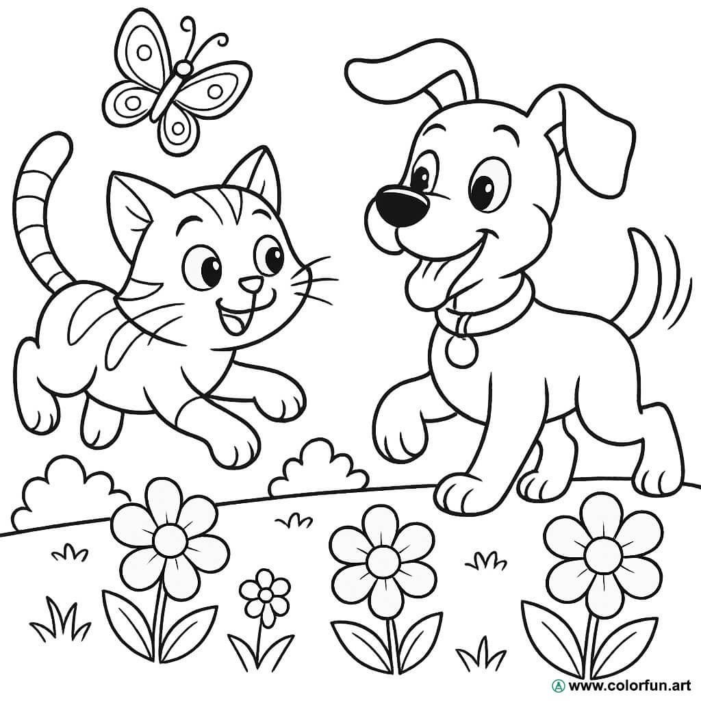 Kleurplaat van cartoon kat en hond Gratis te downloaden of af te drukken, image size:1024x1024
