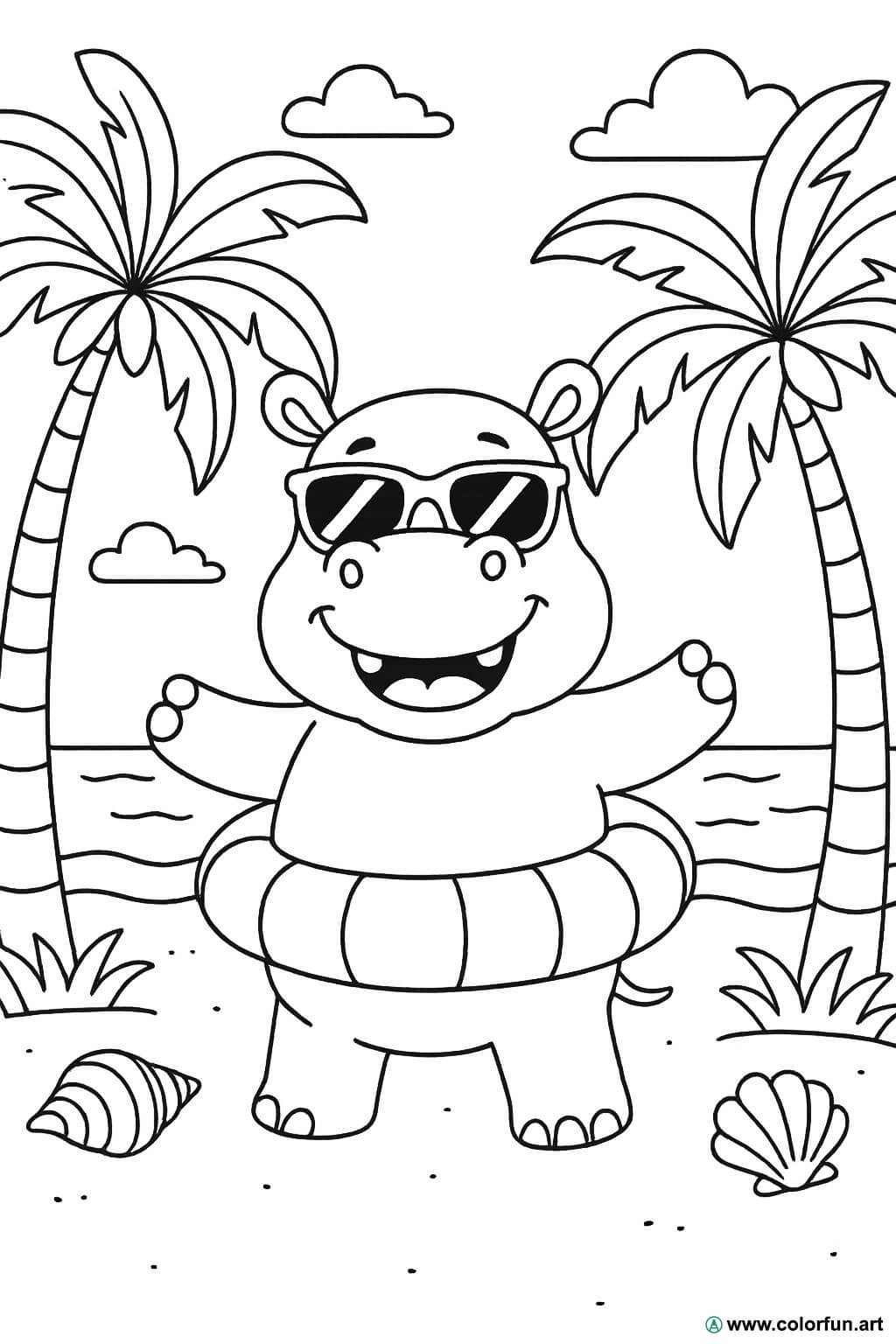 Kleurplaat van de nijlpaard op het strand Gratis te downloaden of af te  drukken, image size:1024x1536