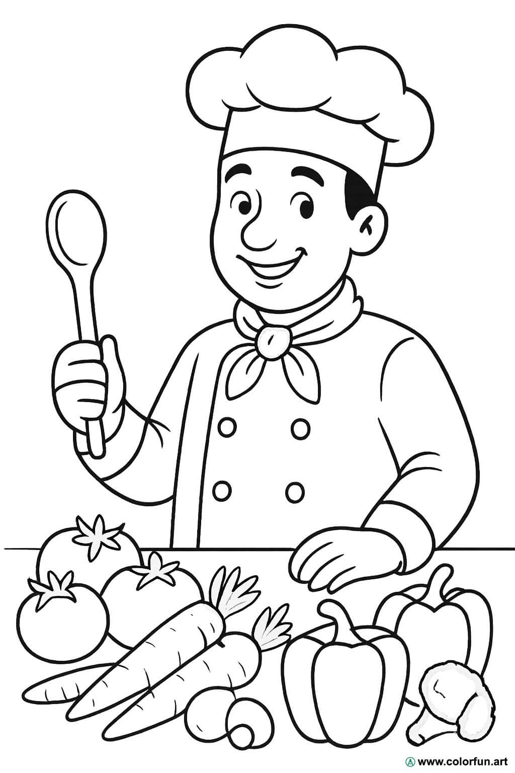 Kleurplaat van de kok met groenten Gratis te downloaden of af te drukken, image size:1024x1536