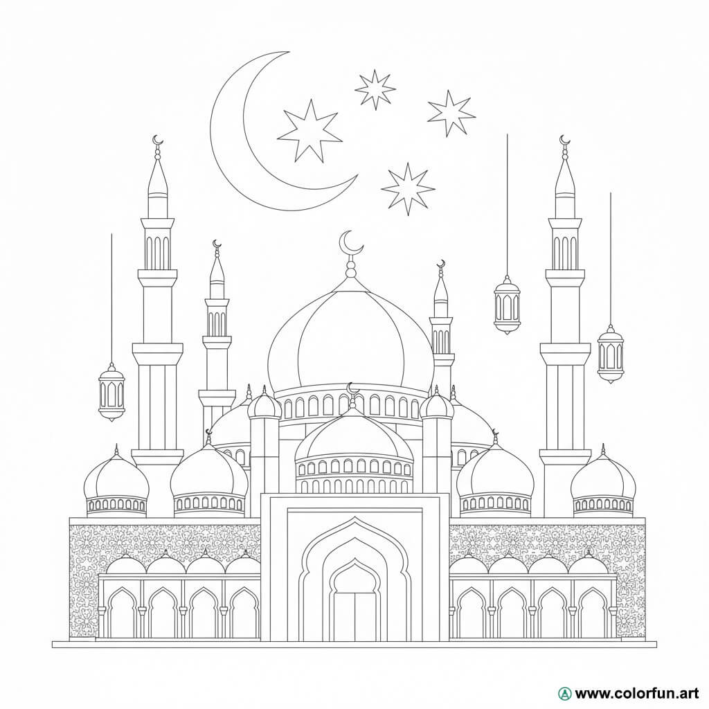 Mosque coloring page at night during Ramadan Download or Print for free
