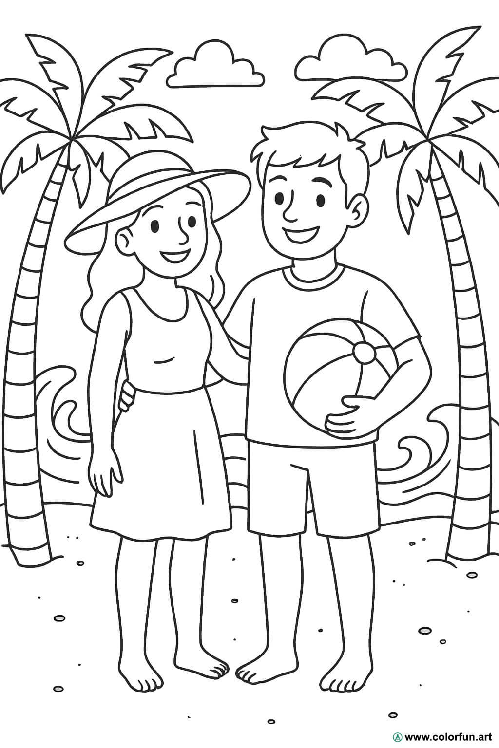 Ausmalbild von Mama und Papa im Urlaub Kostenloser Download oder Ausdruck  verfügbar., image size:1024x1536