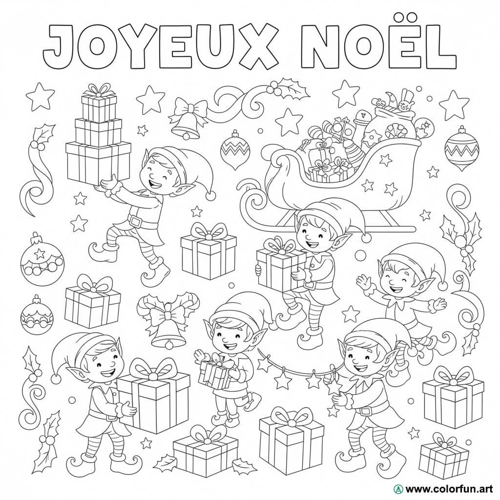 Christmas drawing coloring page: the elves Download or Print for free