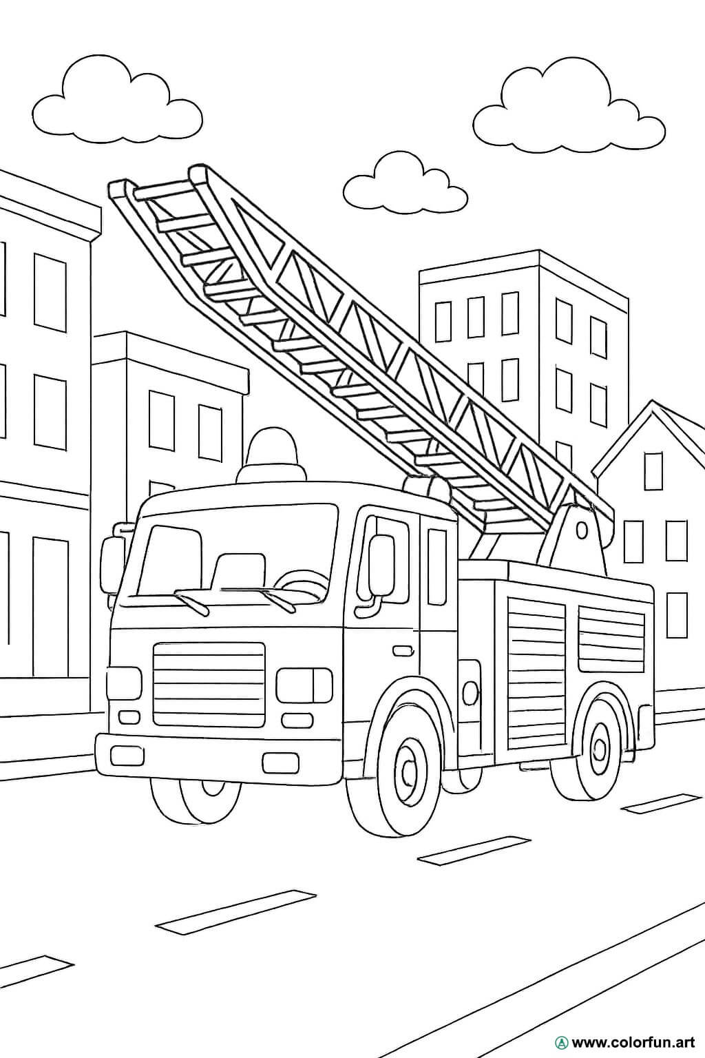 Disegno da colorare di un camion dei pompieri nella città Scarica o Stampa  gratuitamente, image size:1024x1536