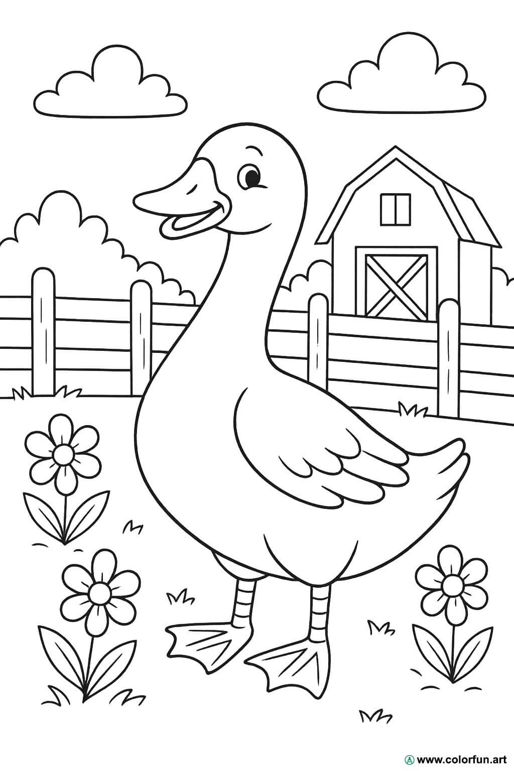 Disegno da colorare di un'oca in fattoria Scarica o Stampa gratuitamente, image size:1024x1536