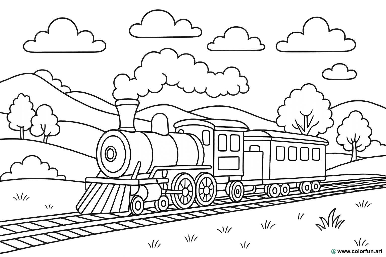 Kleurplaat van trein en landschappen Gratis te downloaden of af te drukken, image size:1536x1024