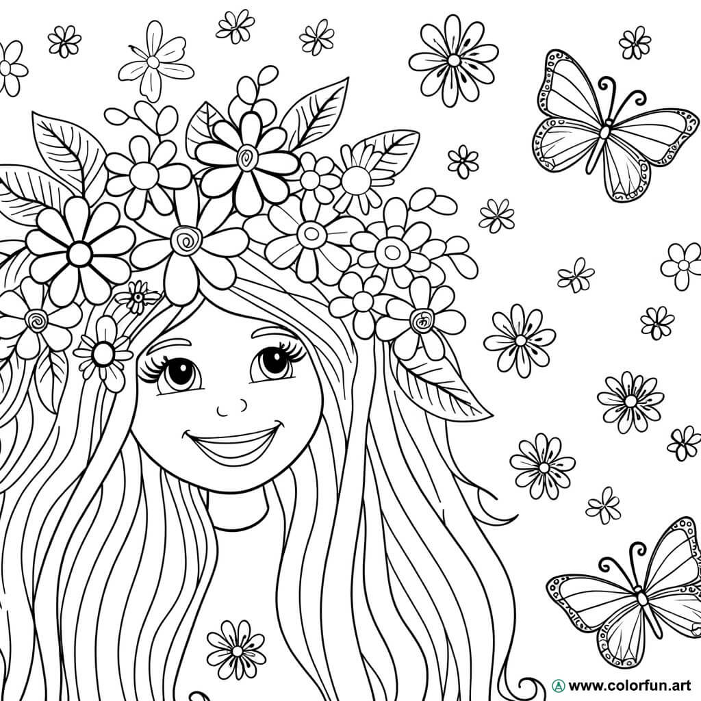 Disegno da colorare di una donna con fiori Scarica o Stampa gratuitamente, image size:1024x1024