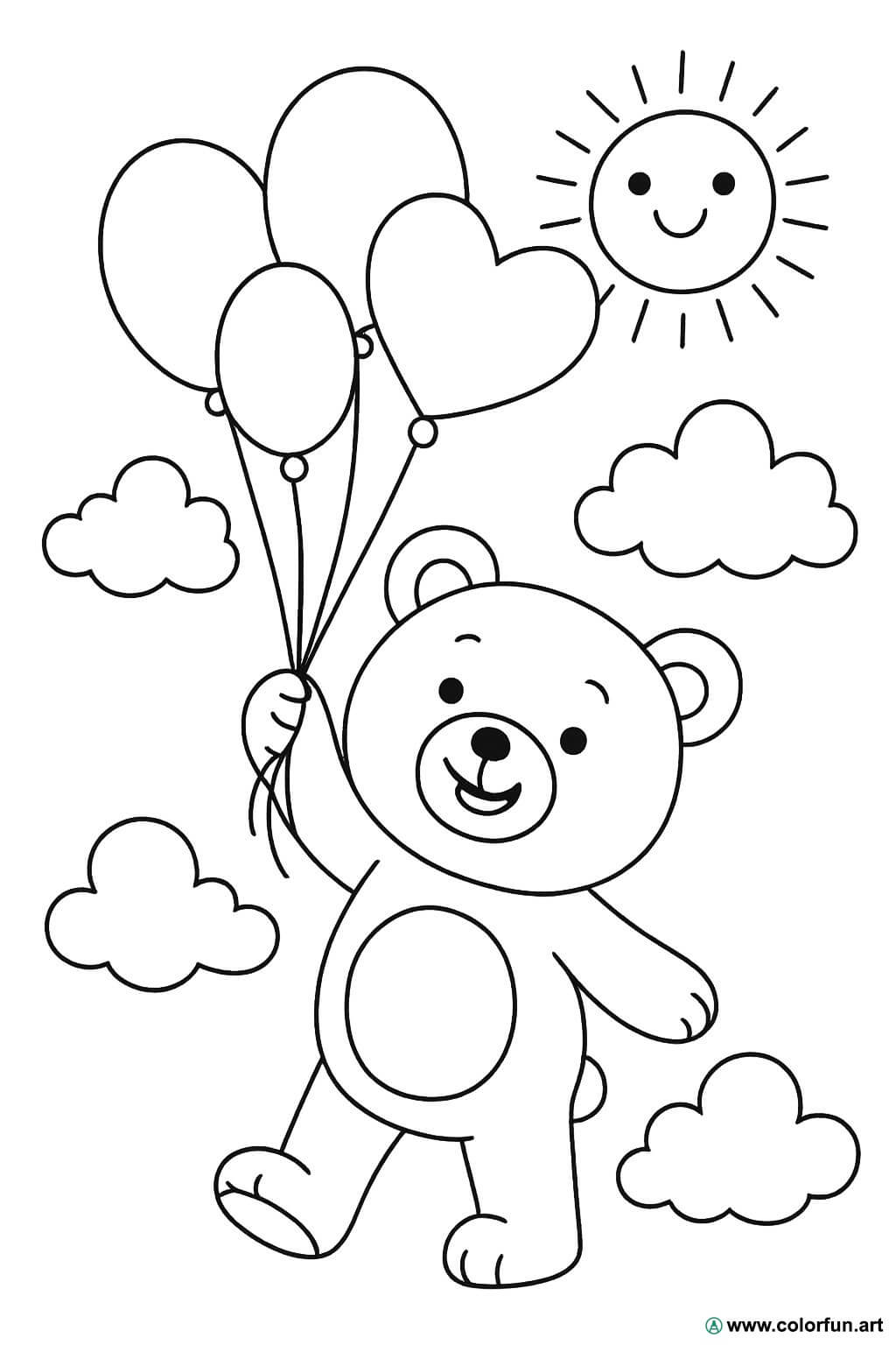 Teddy bear coloring page with balloons Download or Print for free