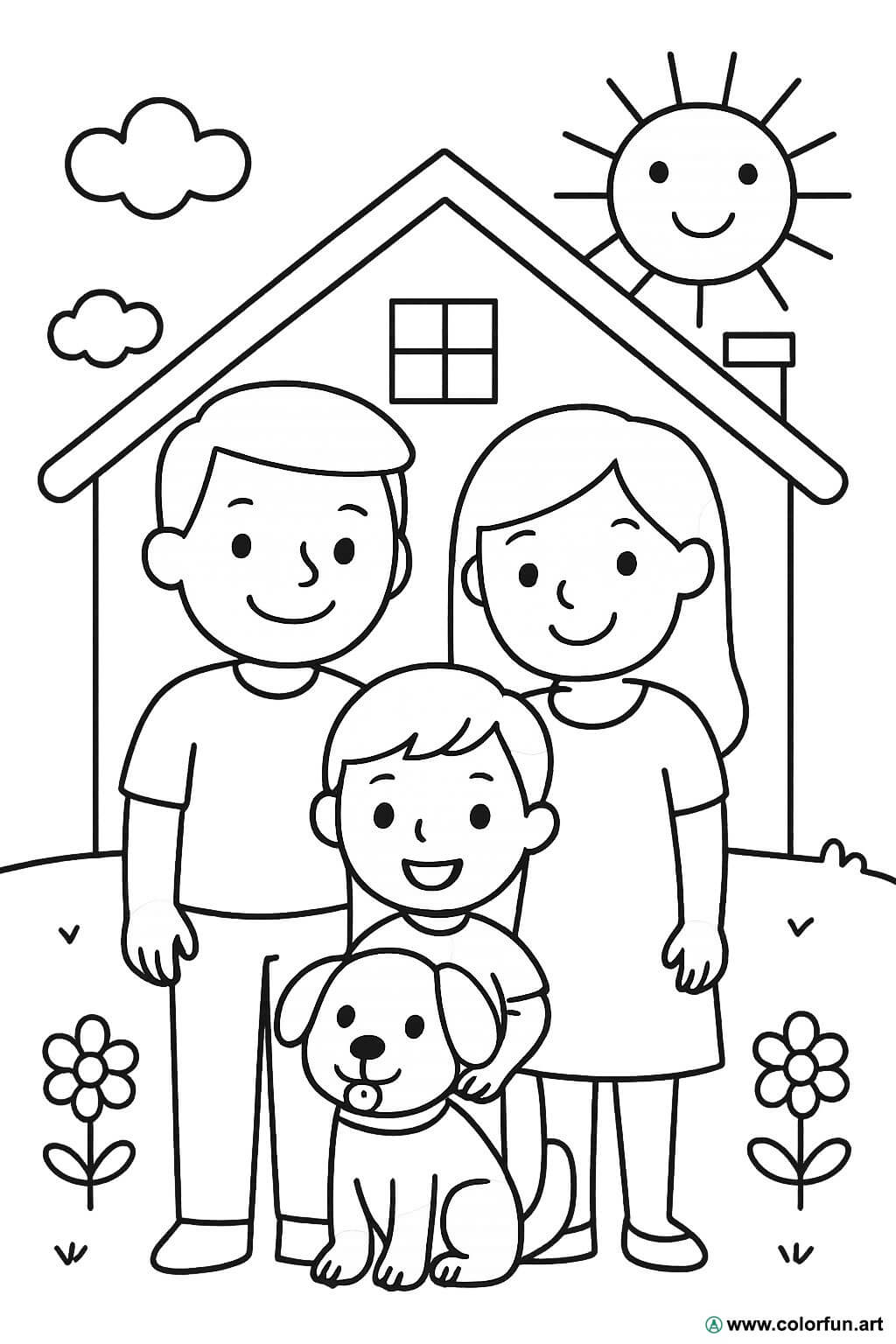 Kleurplaat van een familieportret Gratis te downloaden of af te drukken, image size:1024x1536