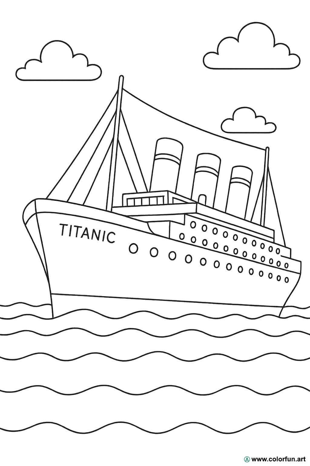 Gemakkelijke kleurplaat van de Titanic om te tekenen Gratis te downloaden  of af te drukken, image size:1024x1536
