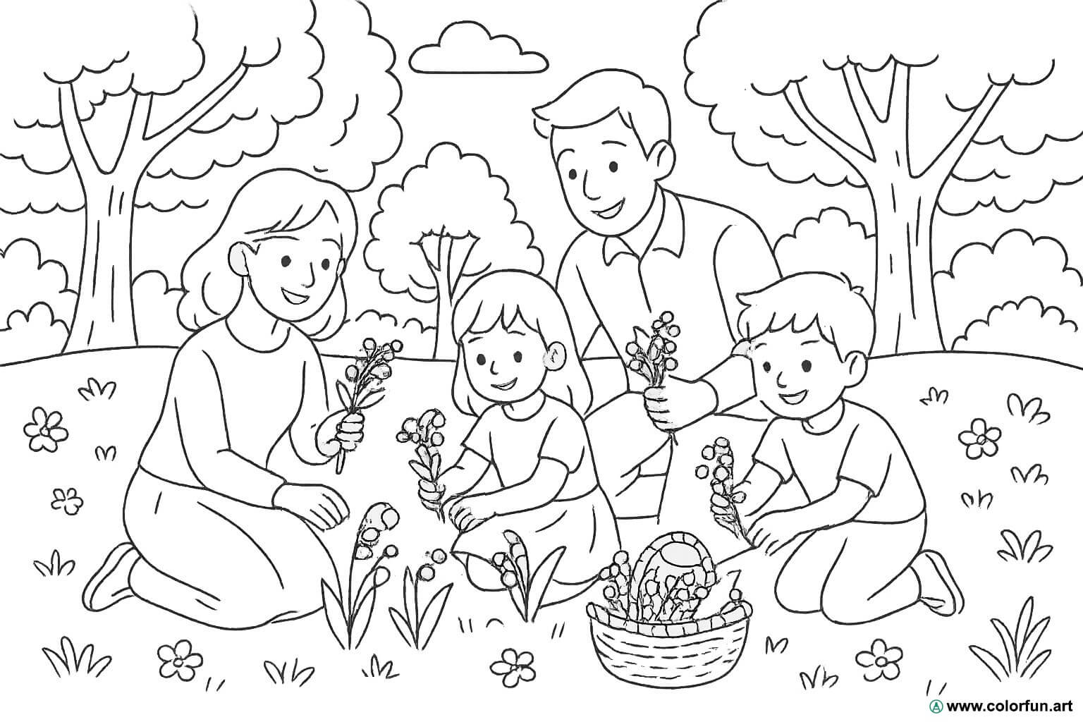 Kleurplaat van 1 mei met het gezin Gratis te downloaden of af te drukken, image size:1536x1024