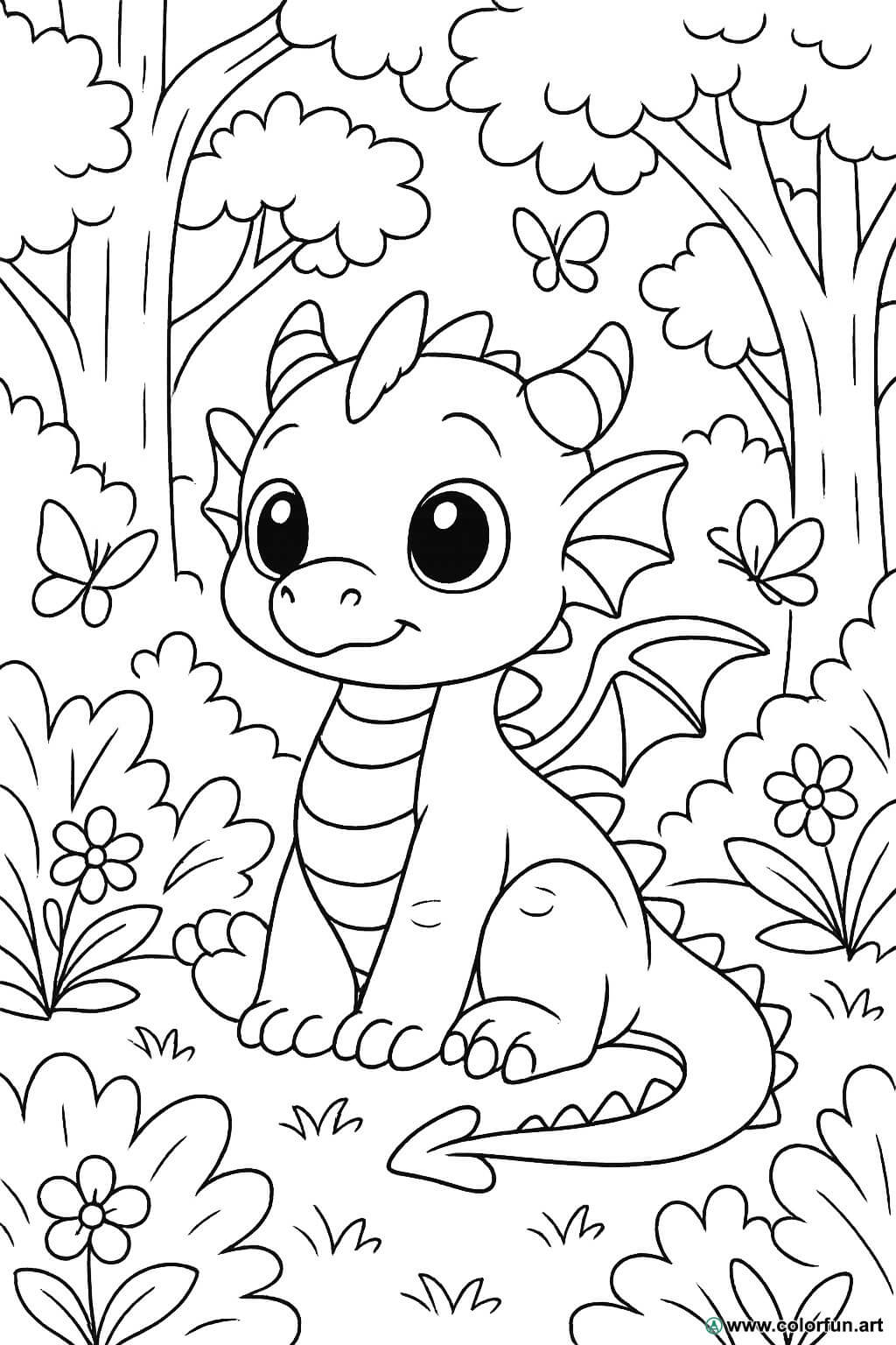 Kleurplaat van een babydraken in het bos Gratis te downloaden of af te  drukken, image size:1024x1536