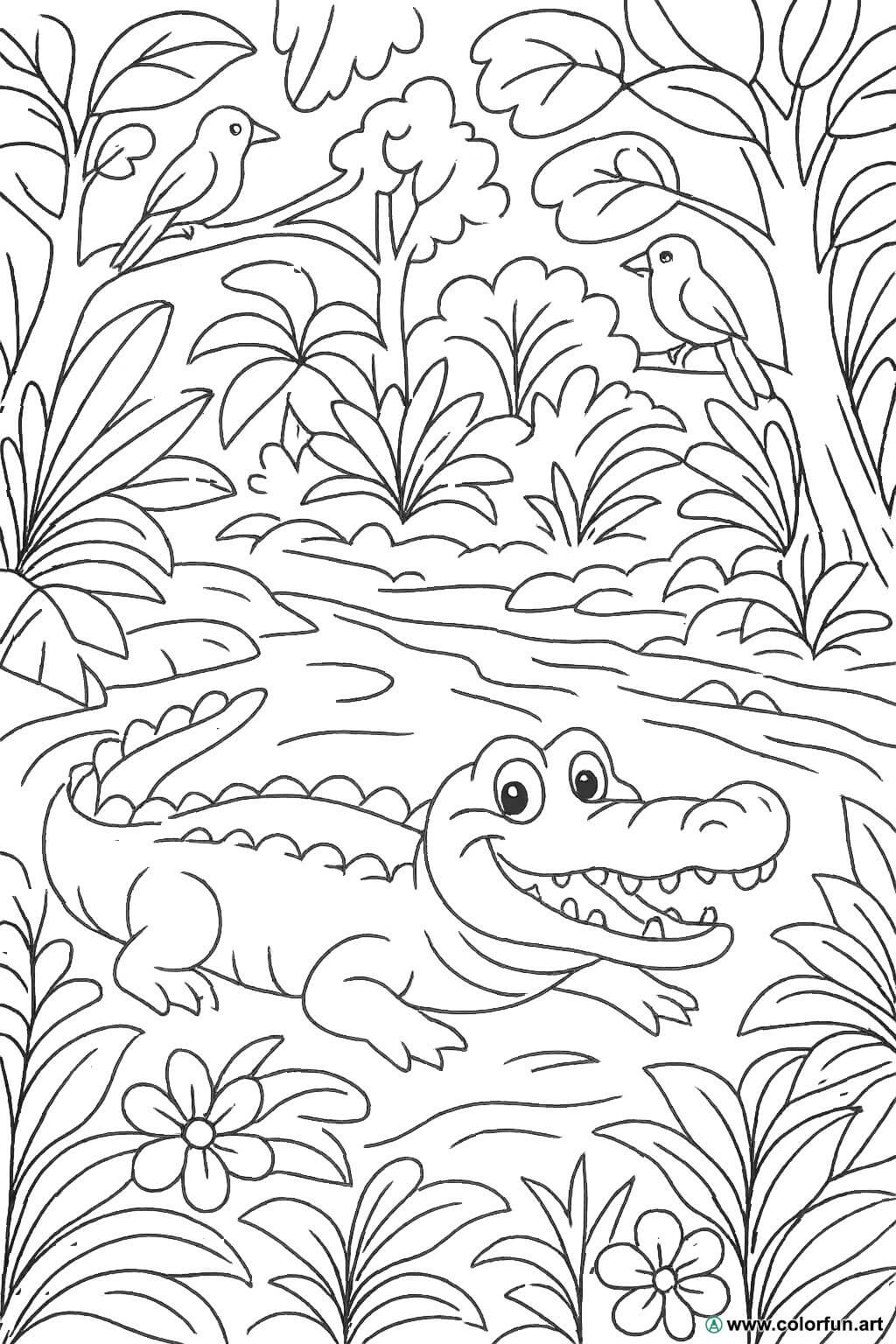 Desenhos para colorir de um crocodilo na selva Para Baixar ou Imprimir  gratuitamente, image size:1024x1536