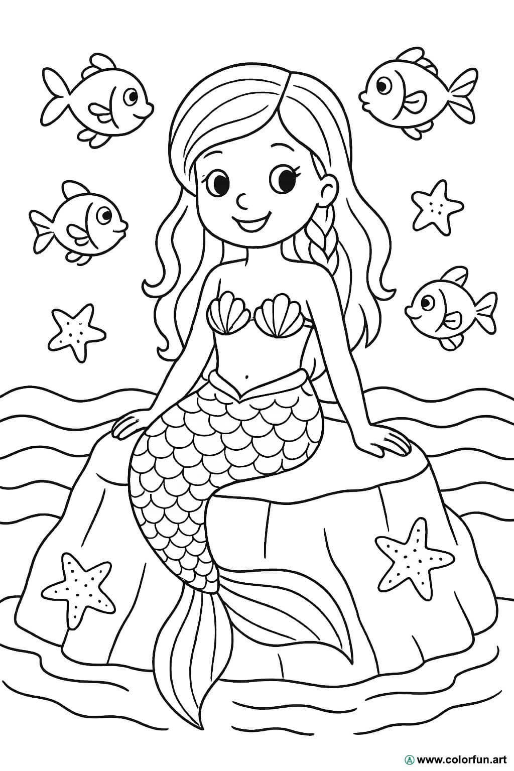 Kleurplaat van een zeemeermin in de zee Gratis te downloaden of af te  drukken, image size:1024x1536