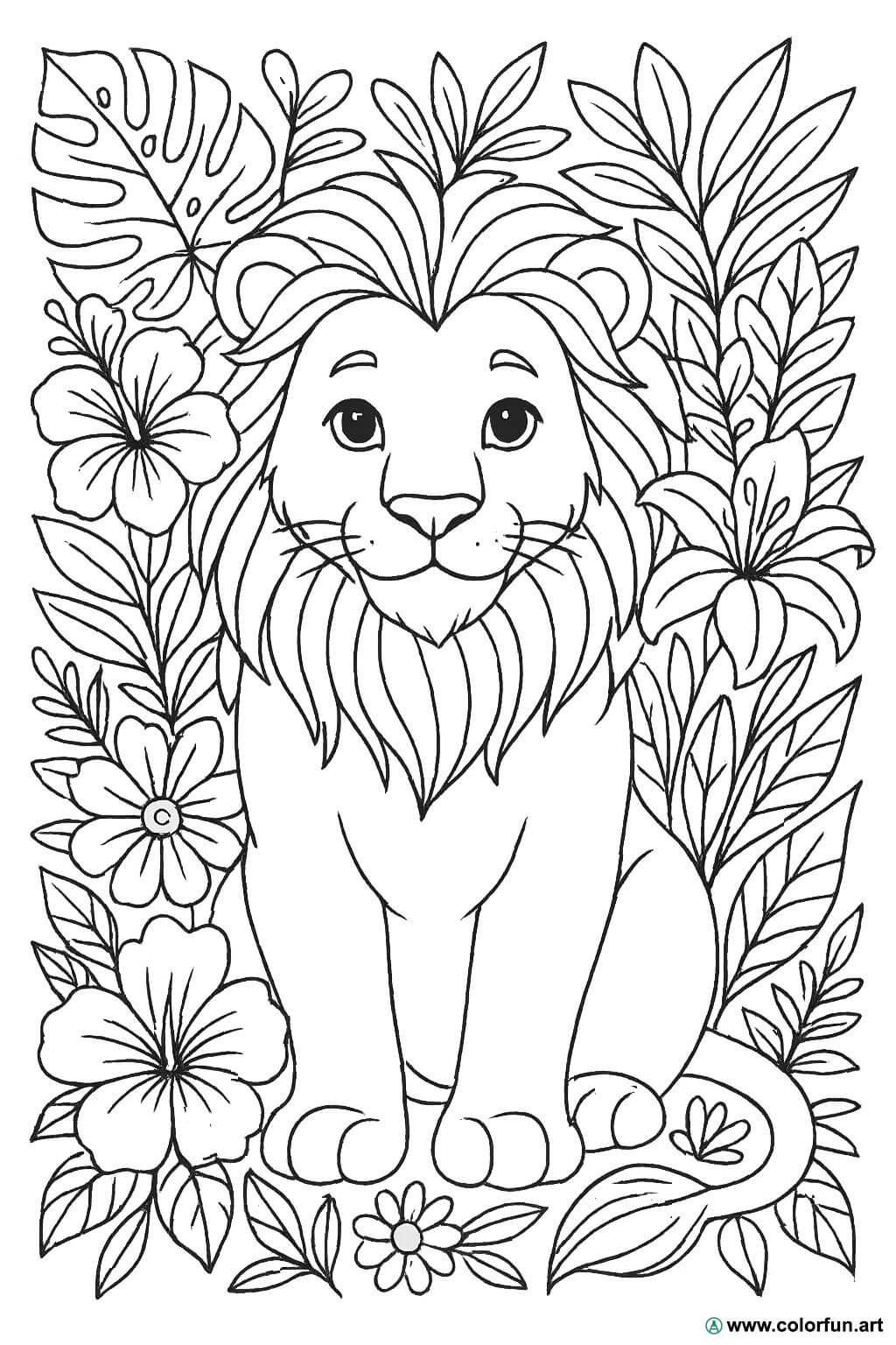 Kleurplaat van een leeuw met bloemen Gratis te downloaden of af te drukken, image size:1024x1536