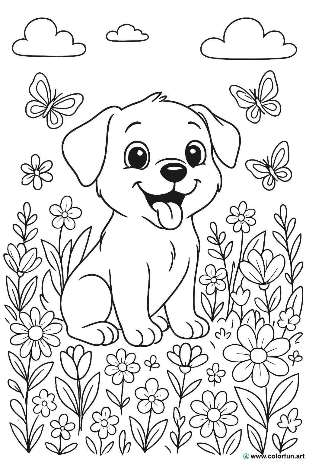 Puppy Coloring Page With Flowers Download Or Print For Free
