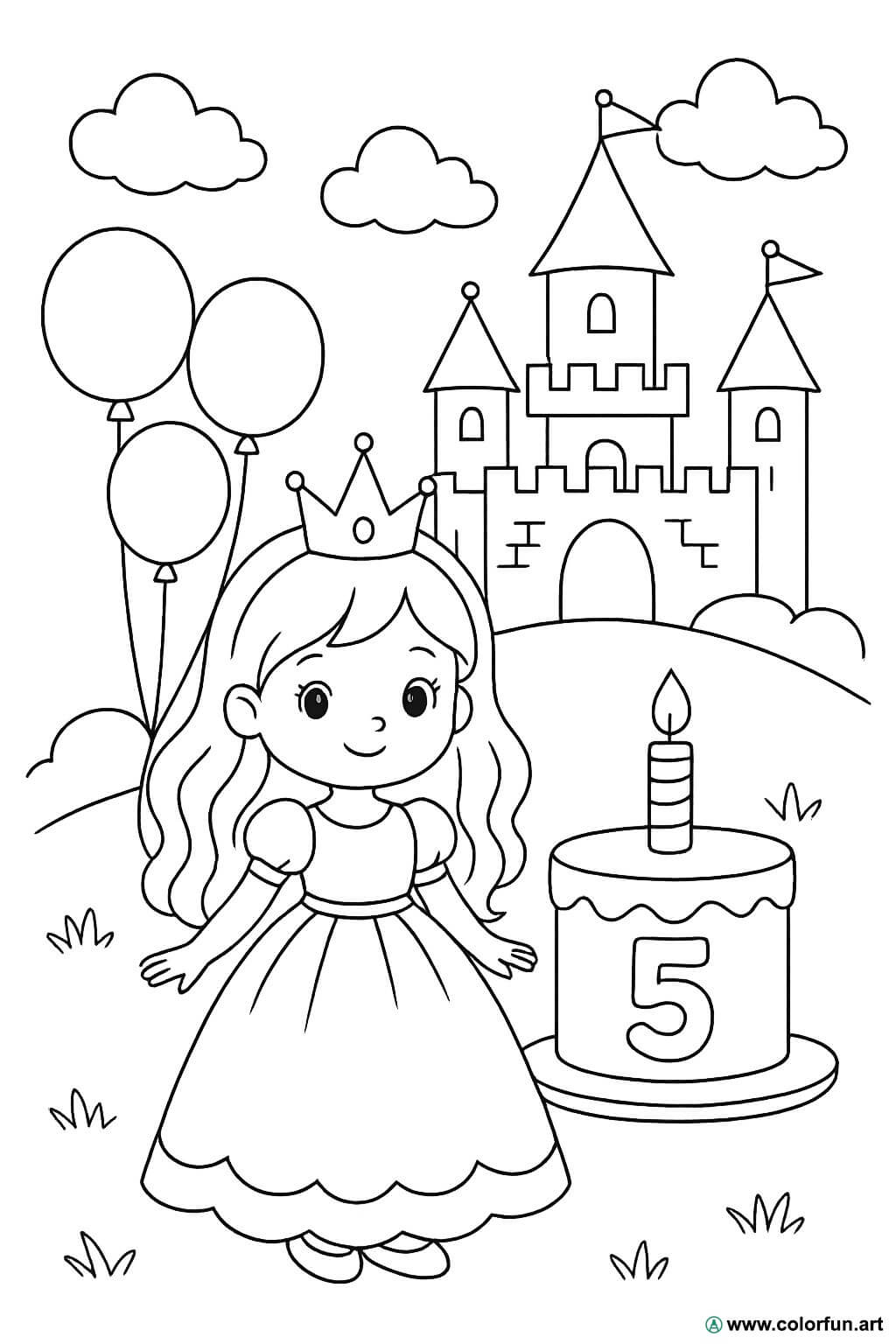 Kleurplaat voor een 5-jarig verjaardagsthema prinses Gratis te downloaden  of af te drukken, image size:1024x1536