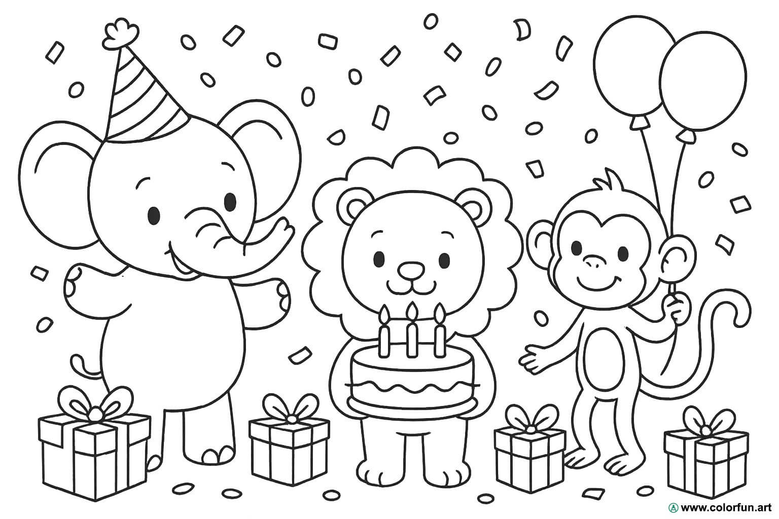 Kleurplaat voor een 4-jarige verjaardag met schattige dieren Gratis te  downloaden of af te drukken, image size:1536x1024