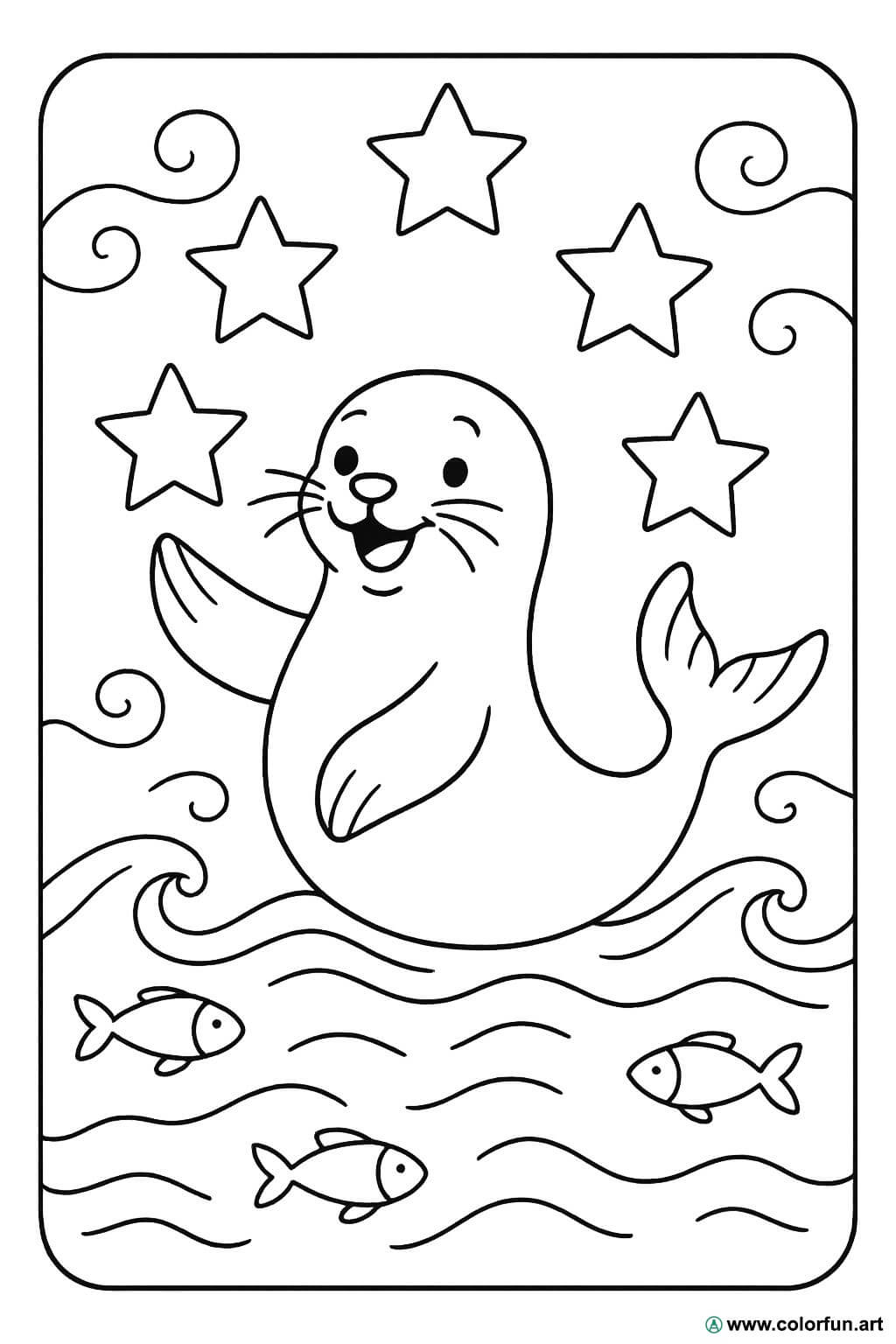 Ausmalbild einer Robbe mit Sternen Kostenloser Download oder Ausdruck  verfügbar., image size:1024x1536