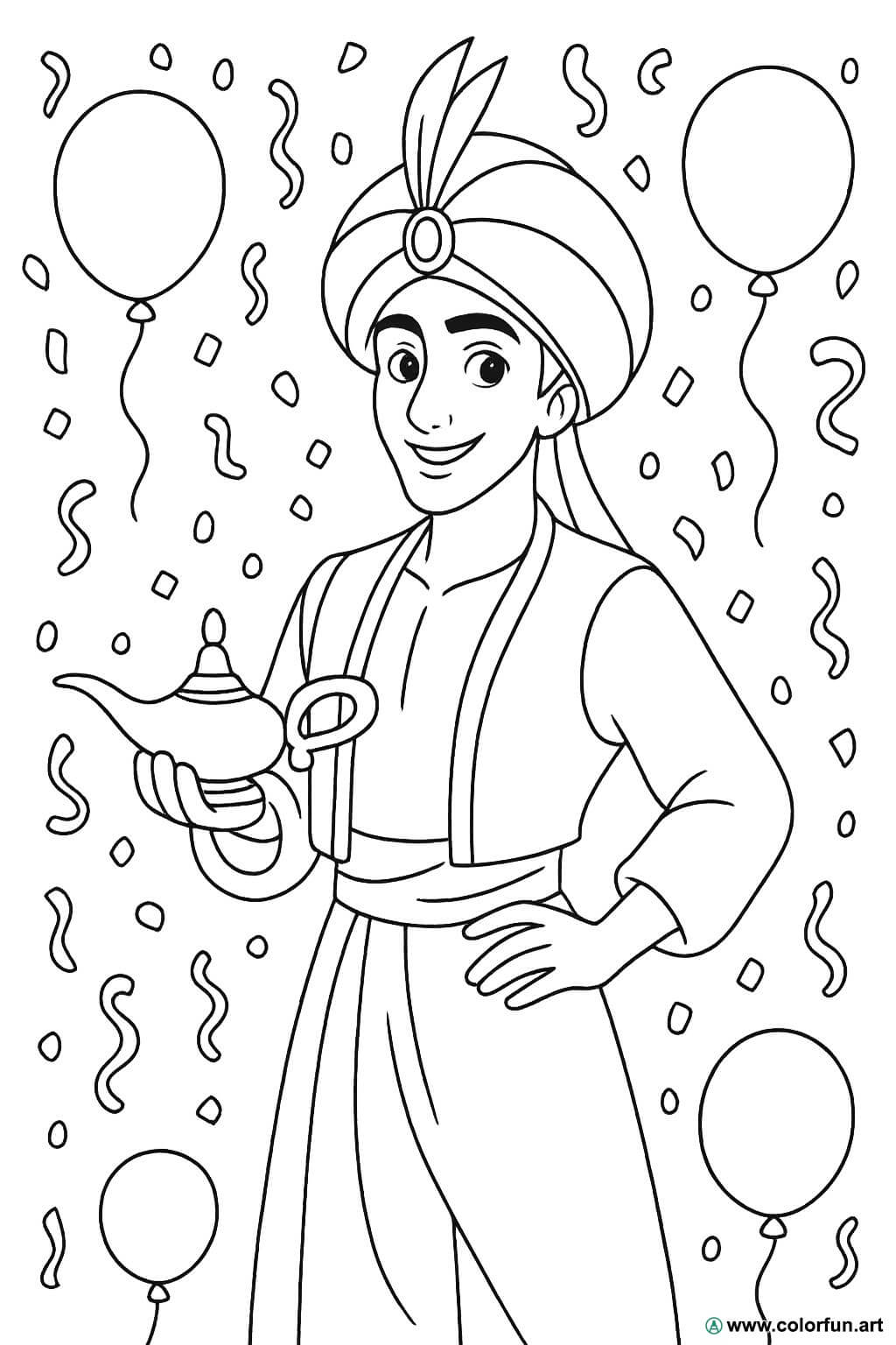 Aladdin coloring page for a festive party Download or Print for free