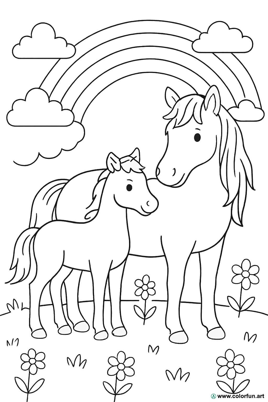  Ausmalbild von Pferd und Fohlen unter einem Regenbogen Kostenloser Motiv 