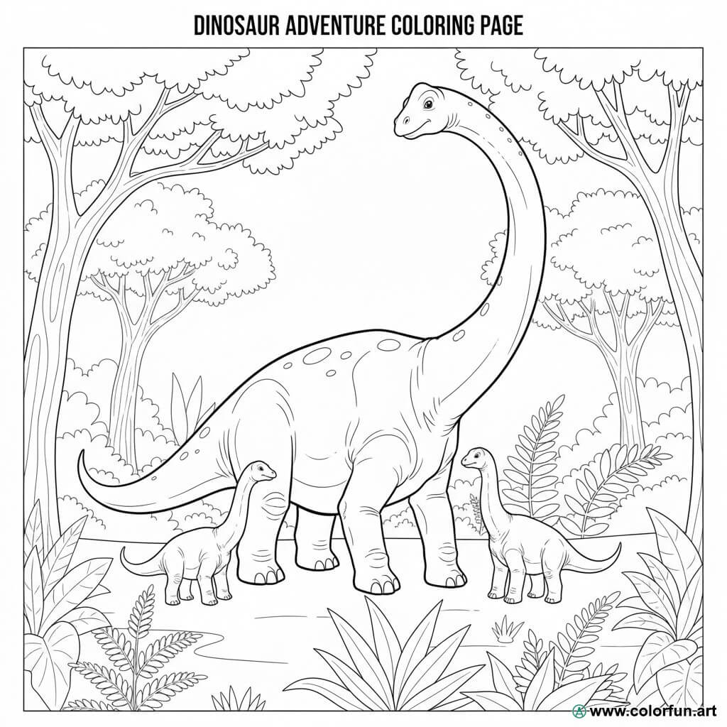 Coloring page of a diplodocus with its family Download or Print for free