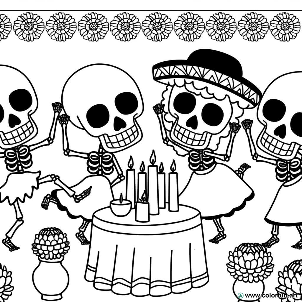 Disegno da colorare di scheletri per il Dia de los Muertos Scarica o Stampa  gratuitamente, image size:1024x1024