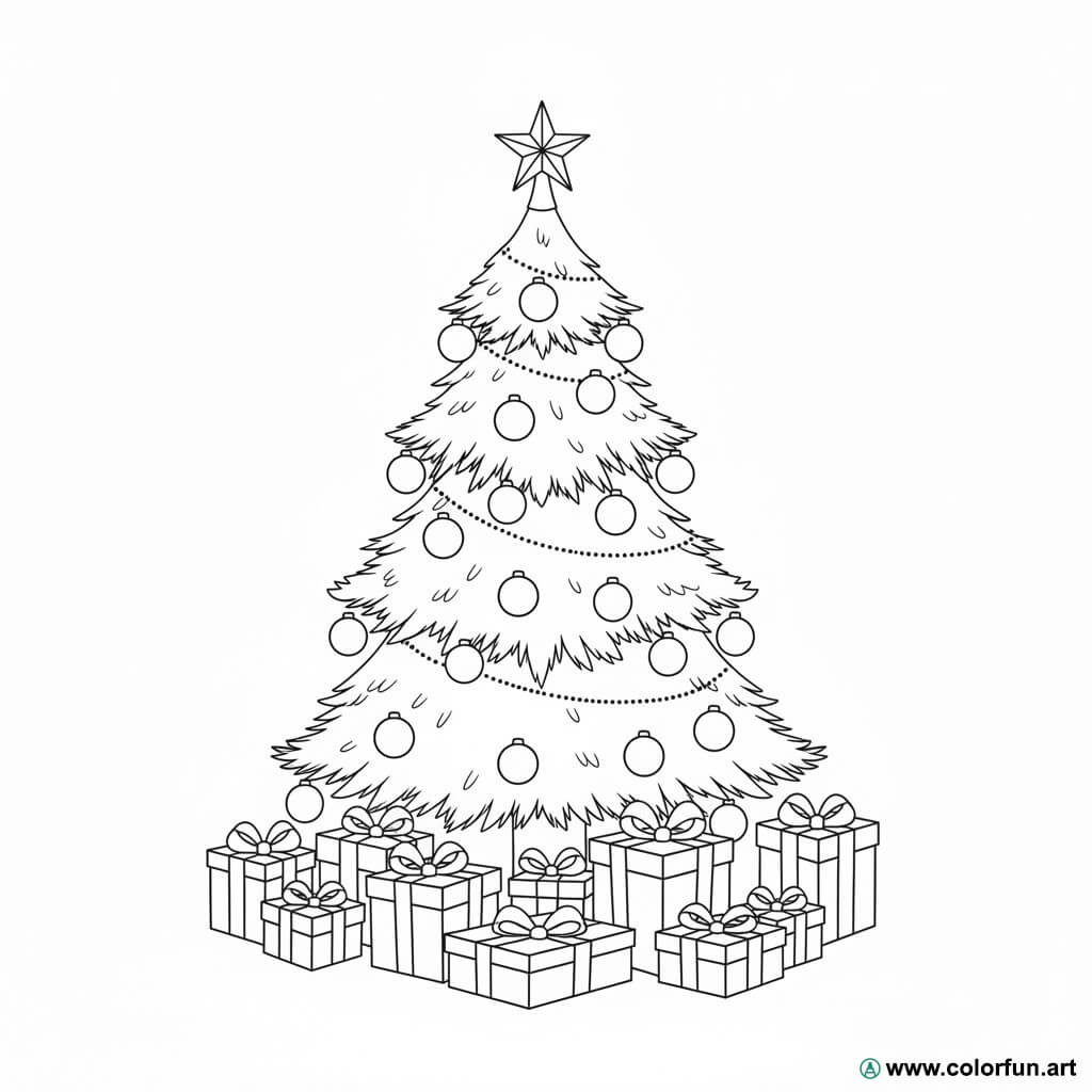 Coloring page of a Christmas drawing: presents under the Christmas tree ...