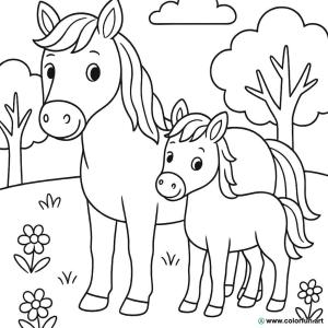 coloriage cheval et poulain en pleine nature
