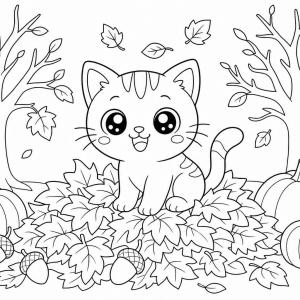 kolorowanka kot kawaii jesienią
