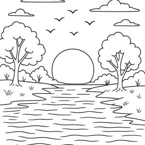 kolorowanka zachód słońca rzeka