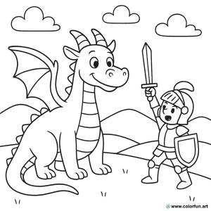 dibujo para colorear dragón y caballero