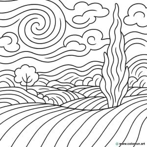 kolorowanka inspirowana van Goghiem krajobrazy