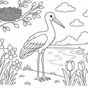 dibujo para colorear cigüeña en primavera