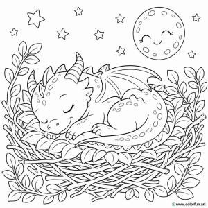 coloring page of a baby dragon sleeping