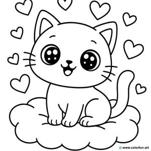 kolorowanka kot kawaii z sercami