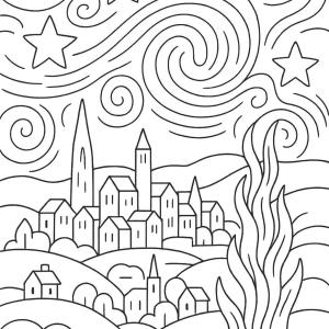 kolorowanka inspirowana van Goghiem nocą gwieździstą