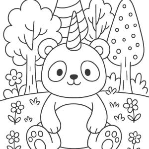 kolorowanka panda jednorożec w lesie