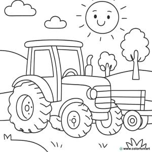 kolorowanka traktor i przyczepa z krajobrazem