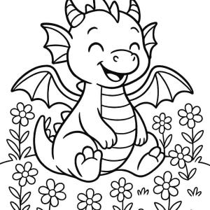 kolorowanka baby dragon z kwiatami