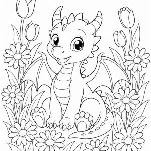 baby dragon and flowers coloring page