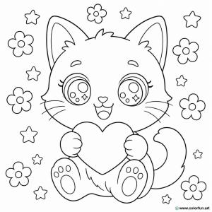 kolorowanka z kotem kawaii z sercem