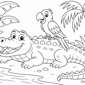 disegno da colorare coccodrillo e pappagallo