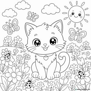kolorowanka kot kawaii wiosną
