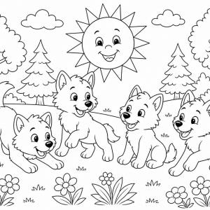 coloriage louveteau groupe heureux