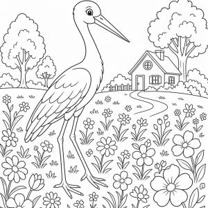dibujo para colorear cigüeña en el campo