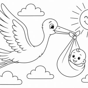 dibujo para colorear de cigüeña que lleva a un bebé