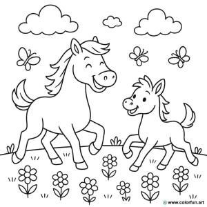 coloriage cheval et poulain dans les champs